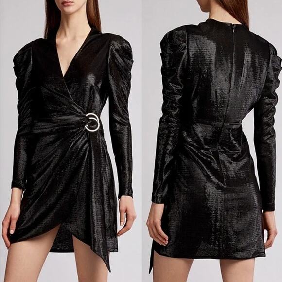 Jonathan Simkhai Dresses & Skirts - Jonathan Simkhai Metallic Dress V-Neck Puff Sleeve Belted Faux Wrap, Black